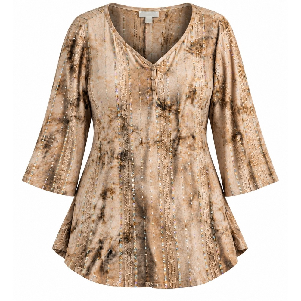 Dressbarn Woman 2X Tie Dye Sequin Henley Top Roll Tab Sleeve Earth Tone Blouse